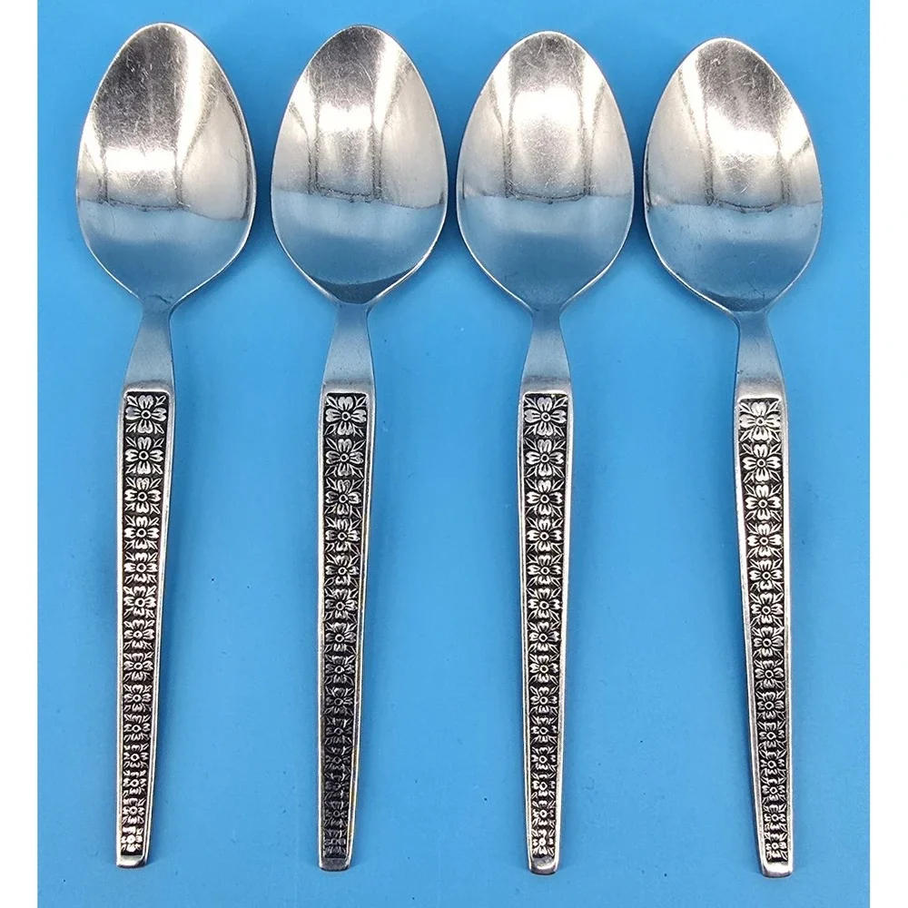 Set of‎ 4 Hanford Forge Trocadero Stainless Steel Teaspoons Floral Vintage 70s